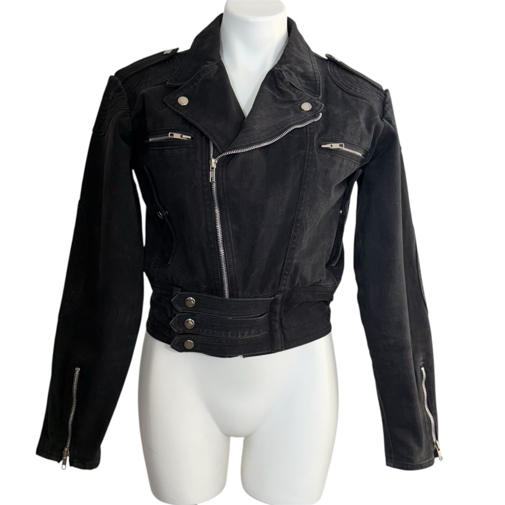 Cooper Sportswear Vintage Cropped Denim Moto Jean Jacket Black Gray Motorcycle S - Picture 2 of 16
